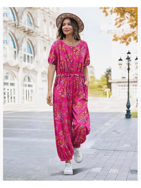NEW Cotton Jumpsuit Casual Floral Boho Cropped Drawstring Romper Short Sleeve 2X